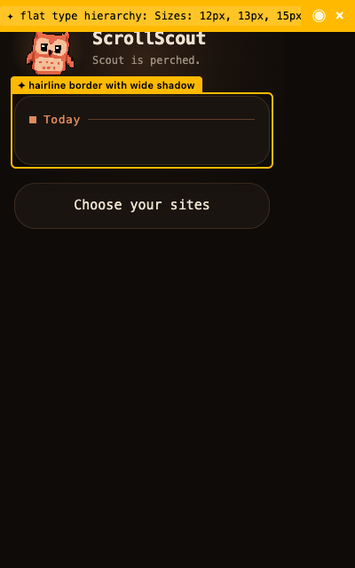 The ScrollScout popup in Chrome showing today's visits and minutes