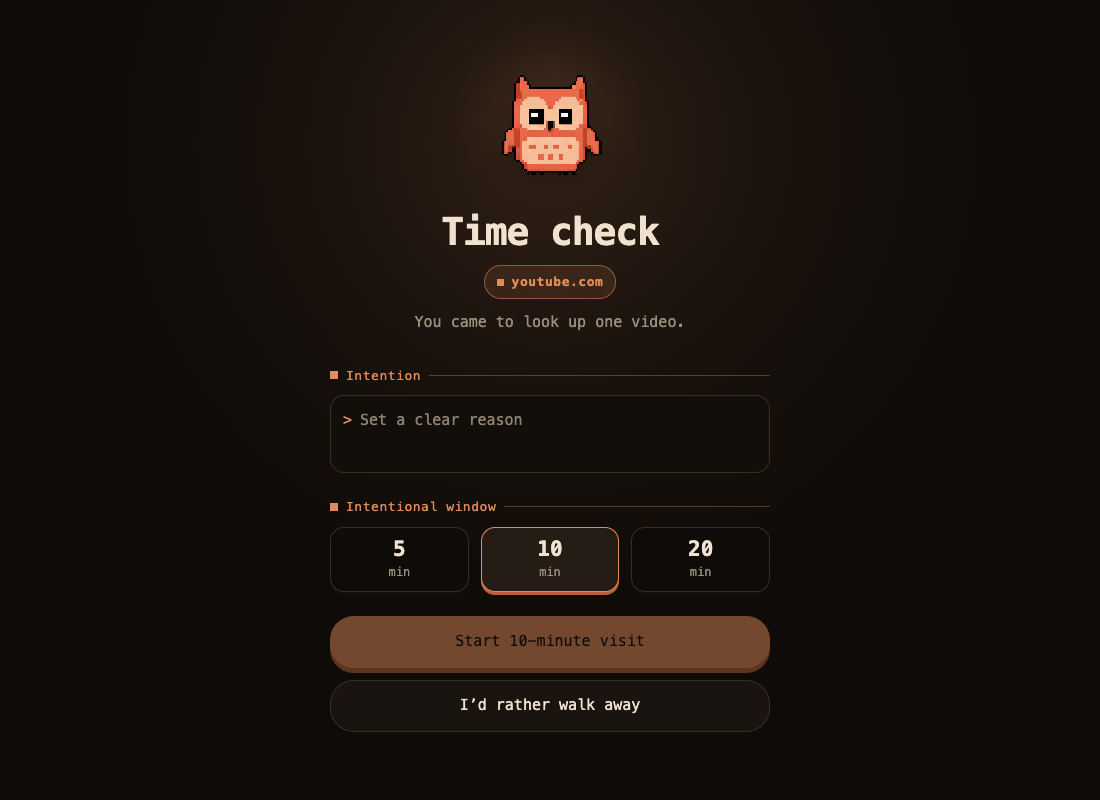The ScrollScout time check in Chrome showing the intention named at check-in